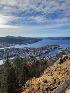 Panoramaudsigt over Bergen i Norge med fjord, havn, bjerge og byliv omgivet af smuk natur.